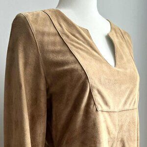 Vintage 1969 Camel Brown Suede Leather Tunic Top with Notched Neck – US S